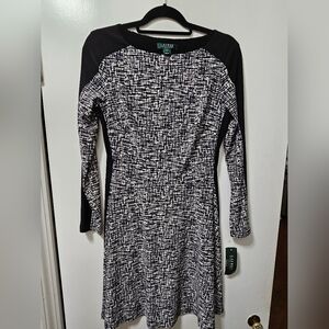 Women's Lauren Ralph Lauren Long Sleeve Black & White A-Line Knee Length Dress